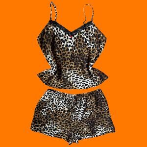 00's vintage leopard print chiffon rosette y2k 2pc pajama lingerie set MEDIUM